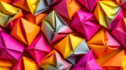 Colorful Origami Pyramids: A vibrant collection of origami pyramids in various bright colors creating a visually striking and artistic abstract composition.
