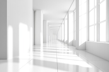 Fototapeta premium White interior with long corridor in modern space. AI generated illustration.