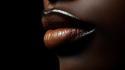 Obraz premium lips, side view, black solid background, dramatic lighting creating sharp contrasts, glossy lips with intense definition.