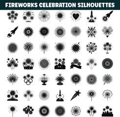 Fireworks Silhouettes Celebration Icons, Party Designs, Vector Art