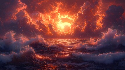 Obraz premium Fiery Sun Shines Through Turbulent Ocean Storm Clouds At Sunset