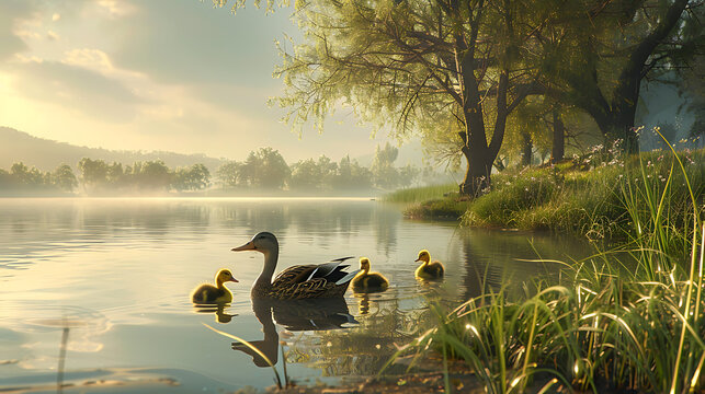A mother duck and her ducklings walking by a calm lake in spring 