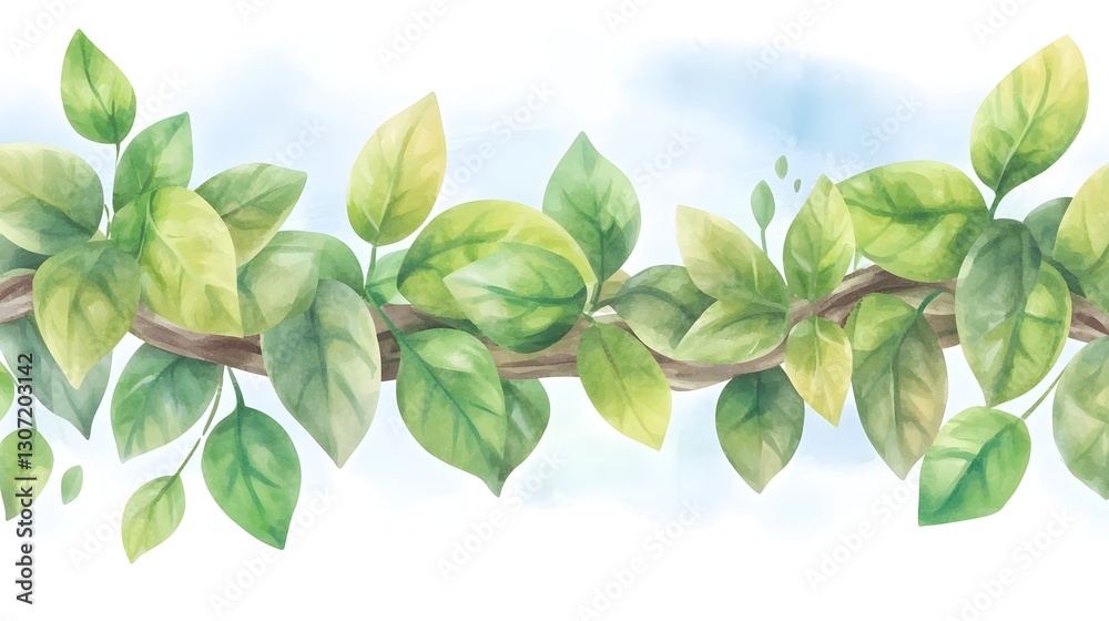 Poster vibrant and minimalist watercolor artwork of fresh green leaves blending into a white background for