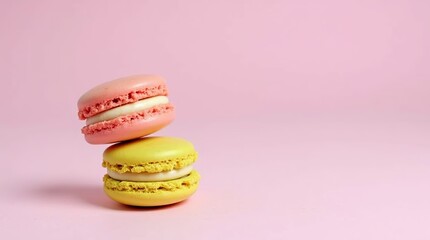 Fototapeta premium Colorful Macaroons on a Pink Background with Copy Space for Text or Advertisement