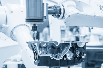 Closeup scene the milling spindle attached on the robotic arm finish cut the aluminum gear case.