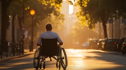 Obraz premium Individual in Wheelchair Enjoys Scenic Sunset in Urban Setting