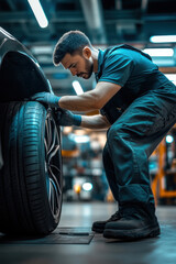 Obraz premium Concept car wheel service. Professional mechanic changing tires in garage