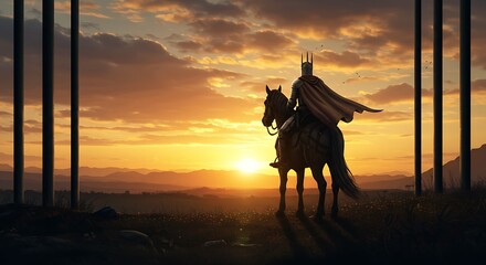 Illustration of knight on horseback at sunset - solitary journey - digital background.