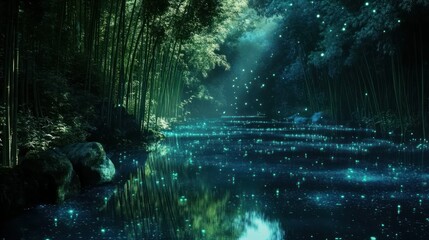 Fototapeta premium Tranquil bamboo forest reflecting serene waters under a starlit sky with glowing particles