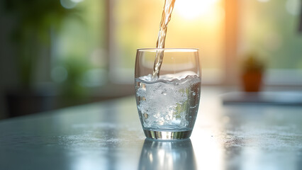 Refreshing Water Pouring Into a Glass in Sunlight