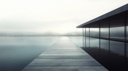 Fototapeta premium Serene Modern Architecture Overlooking Calm Water with Minimalist Design and Foggy Background for Tranquil Atmosphere and Inspirational Imagery