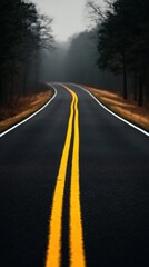 Fototapeta premium Long winding road through foggy forest landscape with yellow road markings