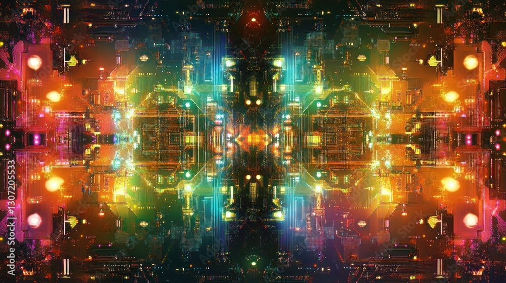 Poster vibrant abstract digital art featuring a symmetrical array of colorful lights and patterns
