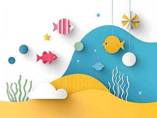 Naklejka premium Colorful underwater scene with playful fish, vibrant waves, and whimsical elements for children's decor and design projects