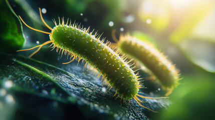 Fototapeta premium Microscopic Green Bacteria on Leaf Surface Illuminated by Sunlight