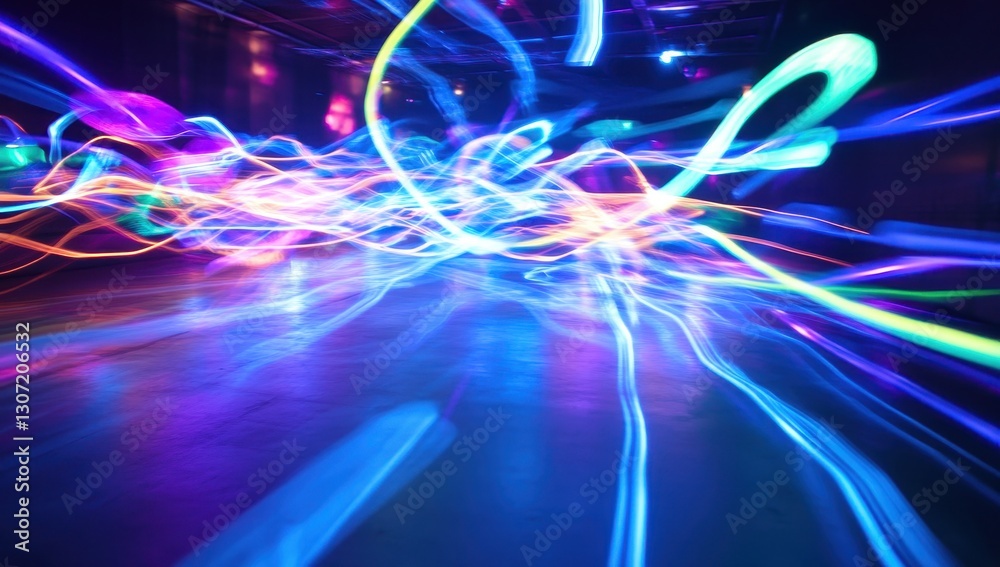 Poster abstract colorful light trails creating dynamic patterns in a modern indoor setting for artistic and