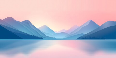 Minimalist landscape with mountains and lake at sunrise