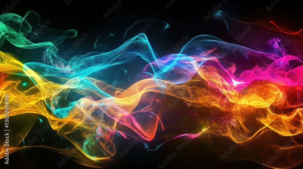 Poster vibrant abstract waves of color flowing seamlessly against a dark background, creating a dynamic vis