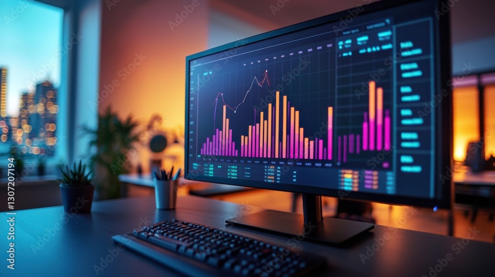 Poster a modern workspace featuring a computer monitor displaying vibrant data visualizations against a bac