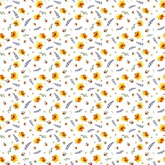 Botanic pattern with narcissus and daisies on white background 