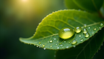 Leaf Adorned with Gleaming Water Droplets Macro