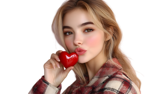 Woman Blows Kiss Holding Red Heart, Isolated on White Background