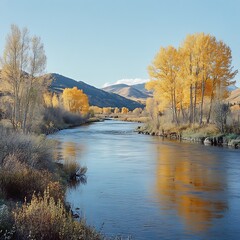 Fototapeta premium River flows through autumn trees, mountain view