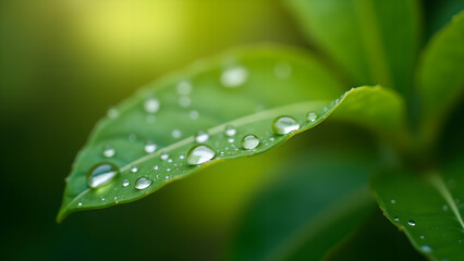 Fototapeta premium Leaf with Water Droplets in the Morning Light