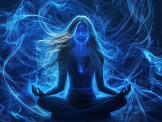 meditating woman, long fluttering hair, holographic projection, wireframe, glowing blue thread, ethereal light, mystery, surrealism, digital art,
