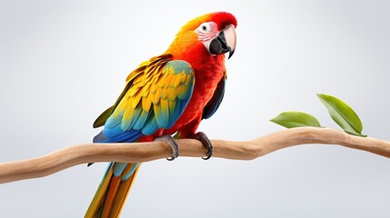 Obraz premium Professional image of a vibrant tropical parrot with colorful feathers, perched gracefully on a seamless white background, perfect for branding, packaging, and advertising