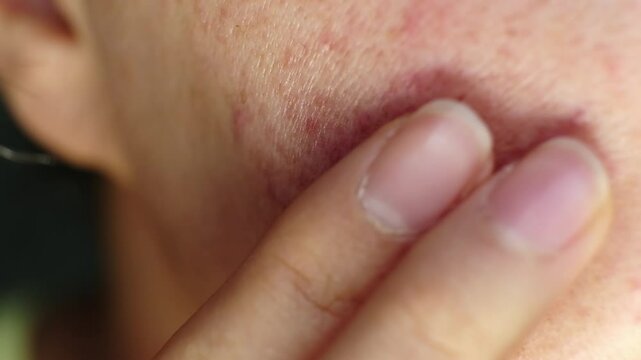 Close-up of acne-prone skin with blemishes and redness. Represents dermatological issues and skin health awareness.