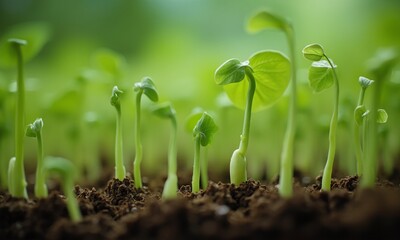 Macro shot of bean sprouts unfurling their first leaves in time-lapse sequence