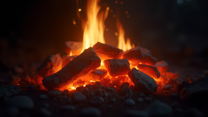 Burning Ember and Fire Sparks Isolated in Darkness