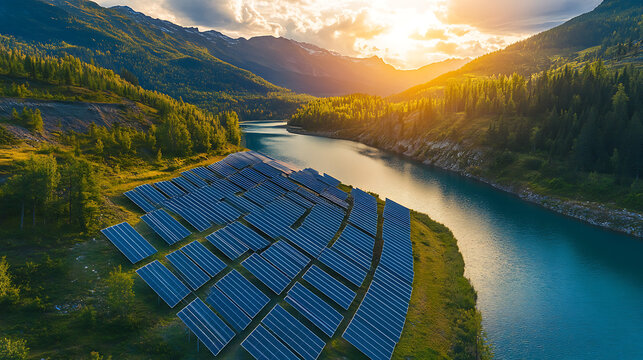 hydroelectric energy landscape with solar power panels symbolizing renewable growth sustainable investment future green technology and clean energy development opportunities