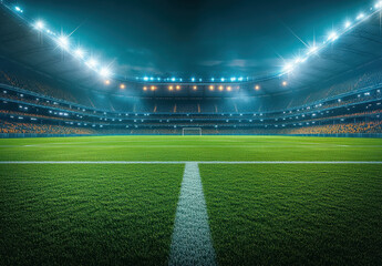 Night Soccer Stadium Bright Lights Illuminate Green Field and Crowd