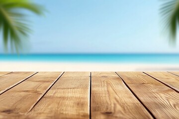 Wooden table against a blurred background of a tropical beach with turquoise water and palm trees. Ideal for summer product placement.