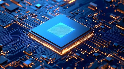 Close-up of a glowing blue computer chip on a circuit board
