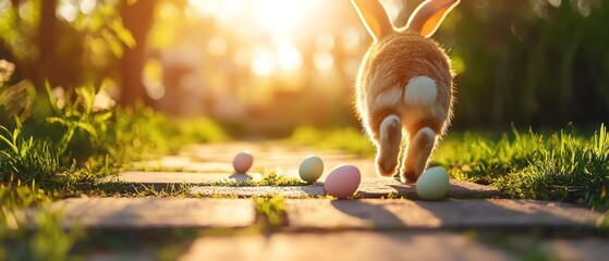 A rabbit hopping in a sunlit garden pathway
