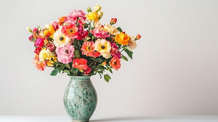 Vibrant bouquet of flowers in a vintage vase on solid white background.