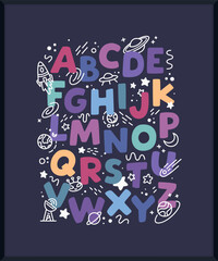 Colorful english alphabet with space-themed monochrome doodles on dark background