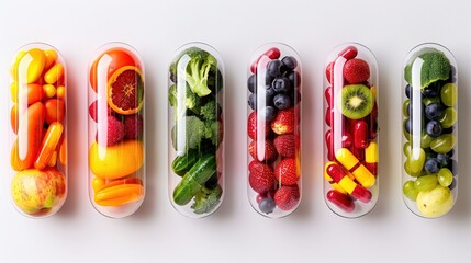 Glass capsules full of organic fruits and vegetables and vitamin pills promoting healthy eating habits and lifestyle