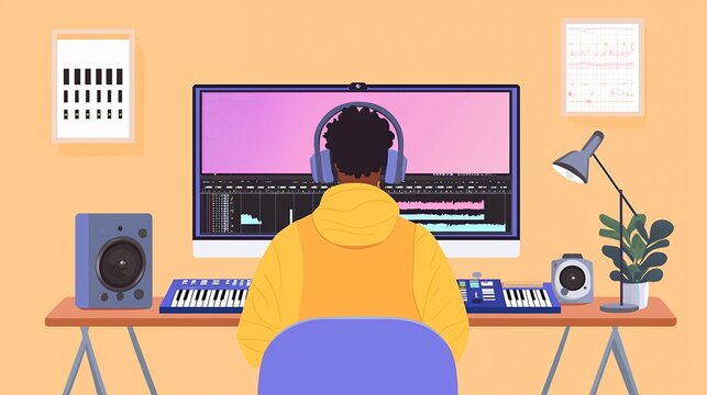 Pixel Art Illustration of Person in Yellow Hoodie at Home Studio with Pink and Purple Computer Screen