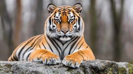 Fototapeta premium Majestic close-up of a focused tiger resting on a rocky surface in a serene natural environment