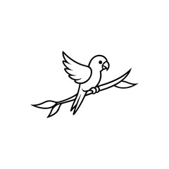 Parakeet Flying from Tree Branch – Line Art Vector Illustration