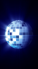 A futuristic blue digital disco ball with reflective tiles, glowing against a dark background with radiant light streaks