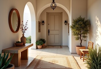 Serene Mediterranean Entryway: A Calm Invitation Featuring a Table Enhanced by Golden Light, Naturalistic Illumination, and Muted Colors, Echoing Eco-Friendly Values Against a Flawless White Expanse.
