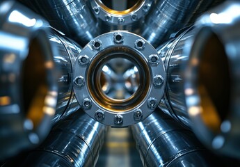 Close-Up of Industrial Stainless Steel Pipes and Flanges in a Manufacturing Facility, Showcasing Precision Engineering and Modern Technology