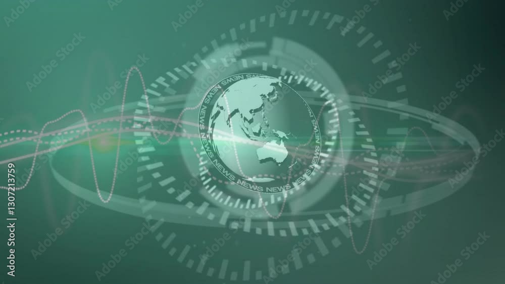 Poster rotating globe with digital data and news text animation on green background