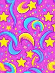 Vibrant celestial cartoon seamless pattern with stars and comets