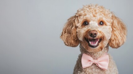 Happy Poodle with Bow Tie Posing for Portrait Against a Soft Gray Background